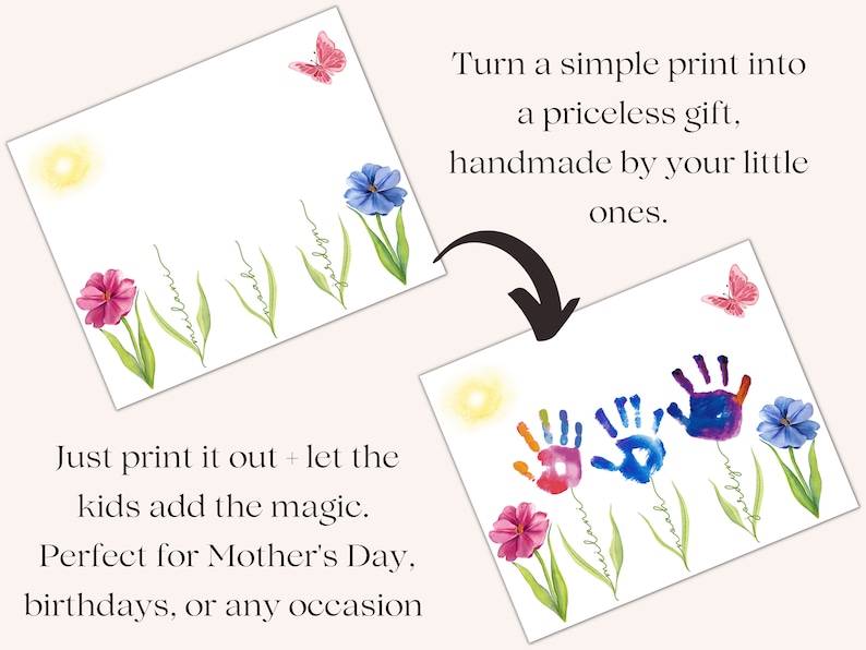 May include: Printable craft activity for kids to create a handprint flower card. The image shows a blank card with flowers and a butterfly, and a finished card with handprints in the flowers. The text reads "Just print it out + let the kids add the magic. Perfect for Mother's Day, birthdays, or any occasion. Turn a simple print into a priceless gift, handmade by your little ones."