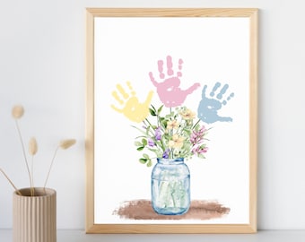 Mother's Day Handprint Art Craft Mother's Day Birthday Grandparents Gift from Kids Toddler Baby Floral Bouquet DIY Gift for Mom Grandma Aunt