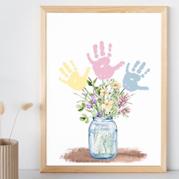 Mother's Day Handprint Art Craft Mother's Day Birthday Grandparents Gift from Kids Toddler Baby Floral Bouquet DIY Gift for Mom Grandma Aunt