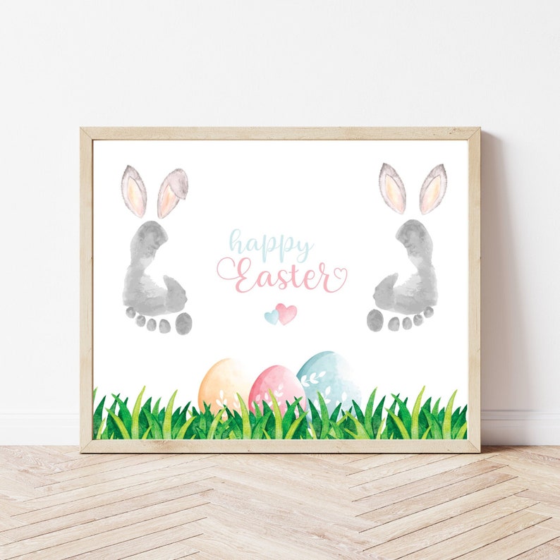 Easter Footprint Art, Bunny Footprint, Easter Handprint Craft Babies Toddlers Kids, Baby First Easter, Easter Gift, DIY Easter Decor image 1