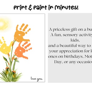 May include: A printable craft project featuring handprint flowers in yellow, orange, and red. The text "Print & Paint in Minutes!" and "Love you." is included. The text describes the project as a fun, sensory activity for kids and a beautiful way to show appreciation for loved ones.