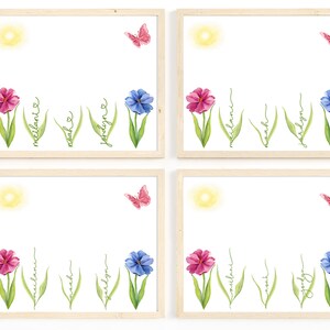May include: Four printable wall art prints with a white background, featuring a yellow sun, a pink butterfly, and three flowers with green leaves. The flowers are pink, blue, and pink. The names "Melanie", "Noah", "Jaden", and "Melanie" are written in cursive along the stems of the flowers.