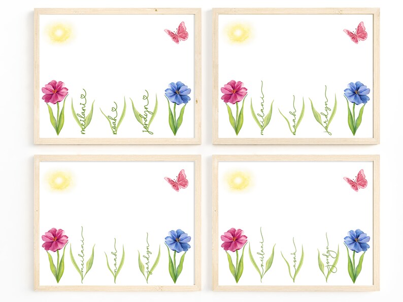 May include: Four printable wall art prints with a white background, featuring a yellow sun, a pink butterfly, and three flowers with green leaves. The flowers are pink, blue, and pink. The names "Melanie", "Noah", "Jaden", and "Melanie" are written in cursive along the stems of the flowers.