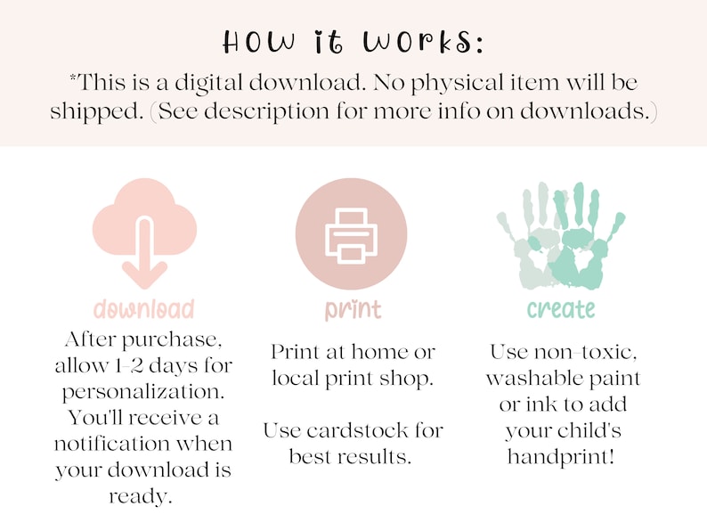 May include: A digital download guide with three steps: download, print, and create. The download step shows a cloud with a download arrow. The print step shows a printer icon. The create step shows a handprint in green paint. The text says "This is a digital download. No physical item will be shipped. (See description for more info on downloads.)"