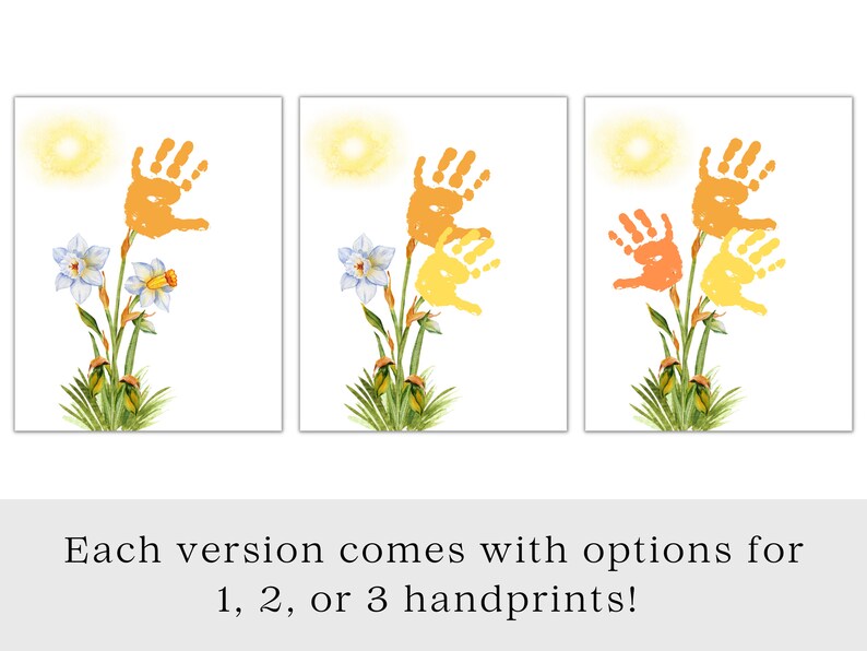 May include: Three printable art prints featuring handprint daffodils. Each print has a different number of handprints: one, two, or three. The handprints are in shades of orange and yellow.