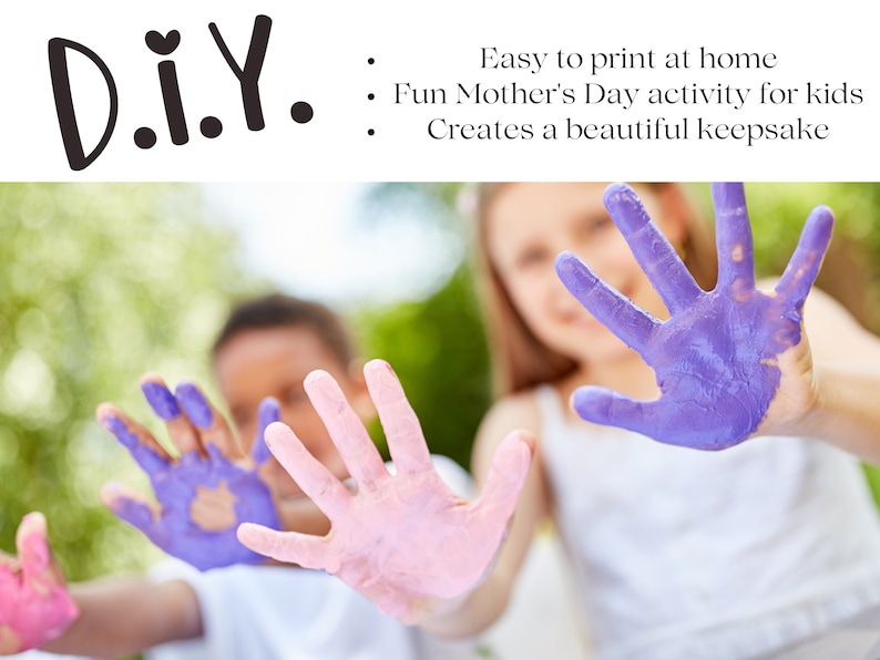 May include: Three children with their hands painted in pink and purple, a fun DIY activity for Mother's Day.