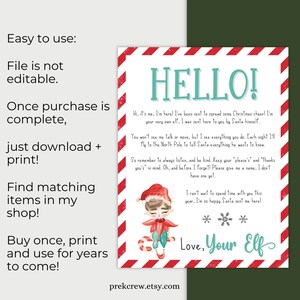 K&ouml;nnte beinhalten: Ein druckbarer Weihnachtsbrief von einem Elf mit einem rot-wei&szlig; gestreiften Rand. Der Brief enth&auml;lt das Wort "HELLO!" in T&uuml;rkis und eine Elf-Illustration. Der Text ist schwarz und das Gesamtthema ist festlich.