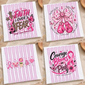 May include: Four white fabric squares featuring pink vertical stripes and polka dots. Designs include a leopard print cross with the text Faith Over Fear, pink boxing gloves with a bow, cartoon characters, and the text Courage Blooms in Pink.