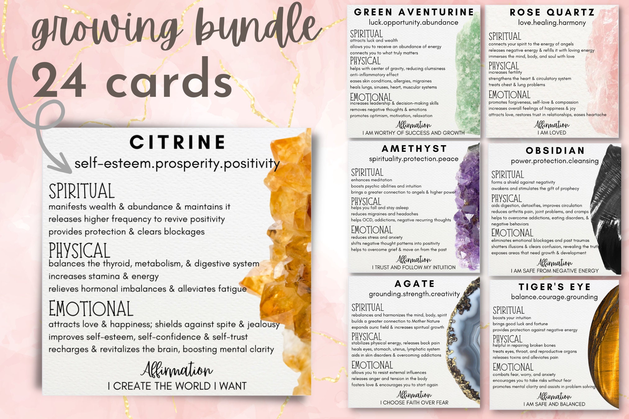Printable Crystal Meaning Cards, Gemstone Properties (digital