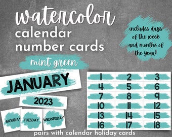 Classroom calendar number cards includes days of the week, months, year for pocket charts; childcare centers , homeschool, morning routine