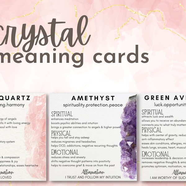 crystal information cards, rock identification cards, growing printable set, gemstone properties cards, healing crystals affirmations