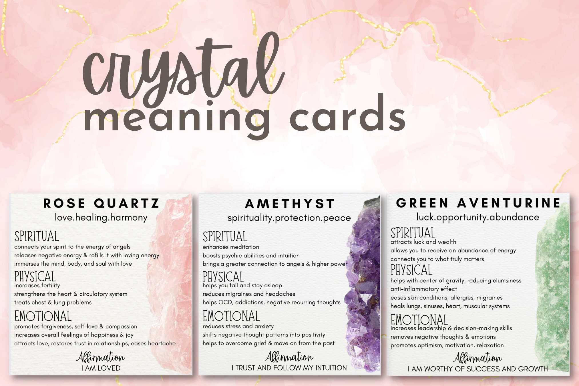 Printable Crystal Meaning Cards, Gemstone Properties (digital