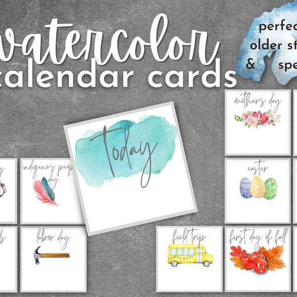 watercolor classroom calendar cards for pocket chart, holidays, events, for elementary, middle, high school, special education, home school
