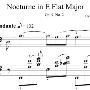 Op de afbeelding: Partituur voor Nocturne in Es majeur, Op. 9, nr. 2 van Frédéric Chopin (1810-1849). De muziek is geschreven in de toonsoort Es majeur en heeft een 4/4 maat. Het tempo is Andante, wat "in wandeltempo" betekent. De muziek is geschreven in standaard notatie.