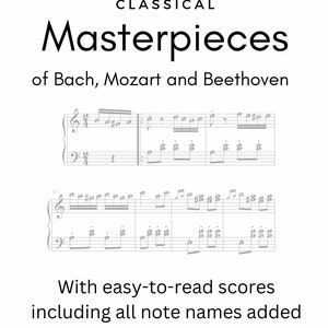 May include: A sheet music book titled "Ten Easy-to-Read Classical Masterpieces of Bach, Mozart and Beethoven" with easy-to-read scores including all note names added. Compiled by Jacob Friedman.
