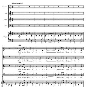 Pode incluir: Partitura de "The First Noel", um cântico de Natal inglês do século XVIII, arranjado por Jacob M. Friedman. A partitura inclui partes para Soprano, Alto, Tenor, Baixo e Órgão, com a letra "Born is the King of Israel."