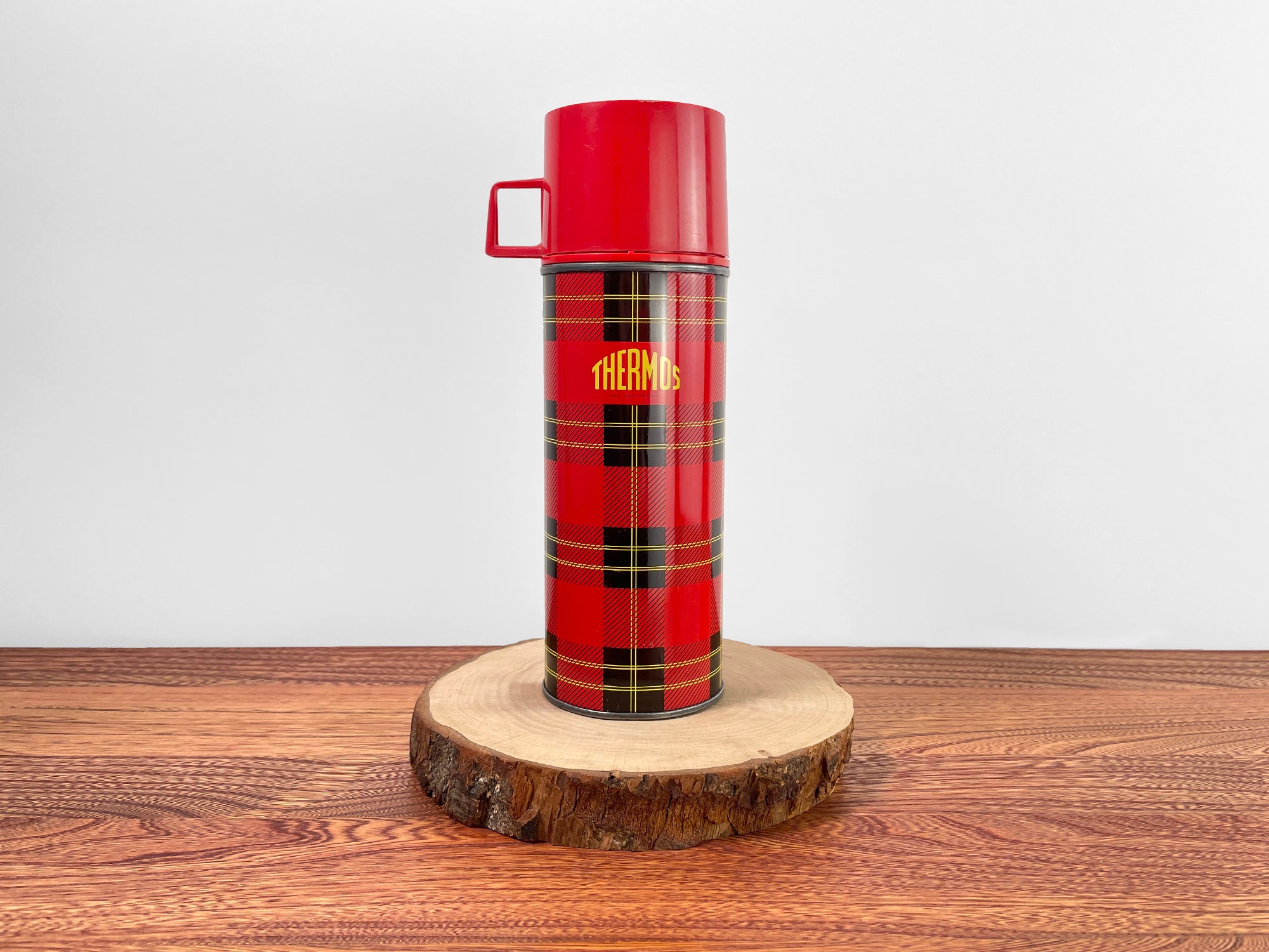 Vintage Wide Mouth Red Brown Plastic Thermos 