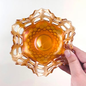 Marigold Carnival Glass Ruffled Basketweave Candy Dish Bowl Fenton
