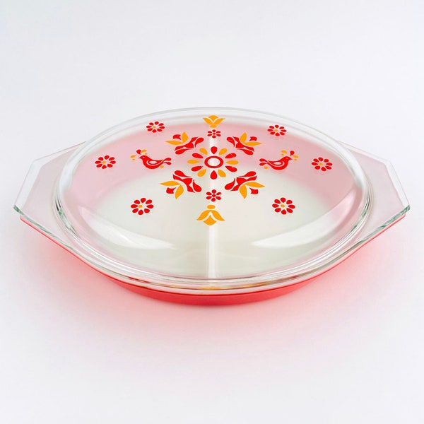 Cocotte en pyrex motif Friendship, rouge avec couvercle transparent et motif inséparable