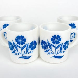 Vintage Hazel Atlas Blue Cornflower Milk Glass Mugs, Set of 4.