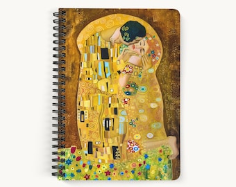 The Kiss A5 Spiral Notebook, Gustav Klimt Notepad, Art Nouveau Journal in Gold with Lined Paper