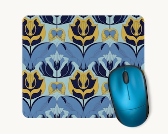 Art Nouveau Floral Mouse Mat, Blue Botanical Mousepad, Vintage Desk Accessories