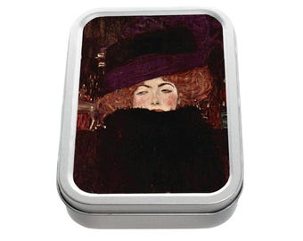 Gustav Klimt Art Print Tobacco Tin: Lady in Black Hat, Aluminium Storage Box
