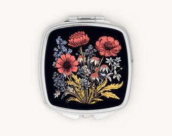 Floral Compact Mirror, Botanical Wildflower Make Up Mirror, Cottagecore Gifts for Women