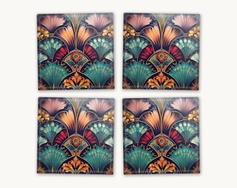 Art Deco Coasters: Luxury Glass or MDF Drink Mats, Vintage Bright Drink Mats Round or Square