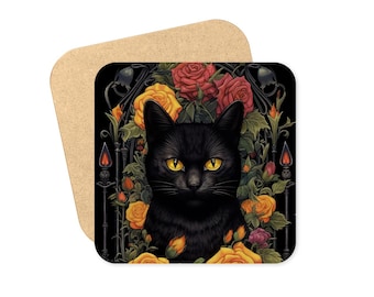 Bohemian Coaster Set Black Cat & Roses Set of 4 or 6 Gift for Home