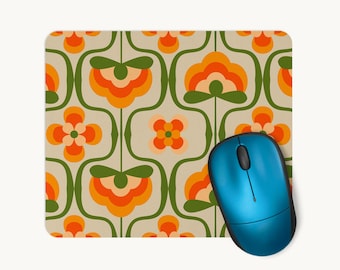 Retro Floral Mouse Pad, 70s Mouse Mat, Mid Century Modern Desk Accessory in Vintage Green & Orange