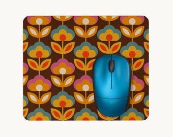 70s Retro Floral Mouse Mat, Groovy Flower Mousepad, Bright Colourful Desk Accessories