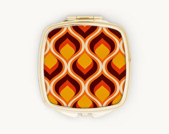 70s Retro Compact Mirror, Orange Geometric Pocket Mirror, Vintage Style Handbag Mirror