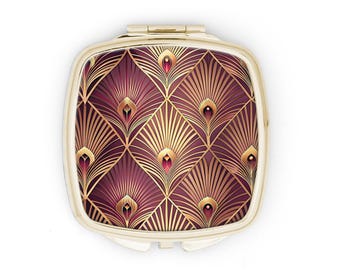Art Deco Compact Mirror Vintage Art Gold & Plum 1920s Style Pretty Gifts for Women