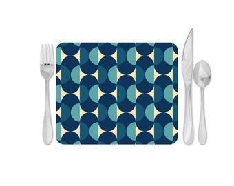 Retro Blue Abstract Placemats – Vintage 1970s Mod Design Hand Printed on MDF Wood