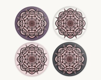Mandala Coasters, Boho Drinks Mat: Glass or MDF in Pink, Plum, Charcoal, White