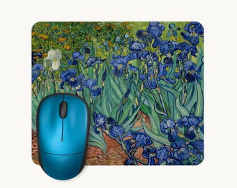 Van Gogh Irises Mouse Mat, Botanical Art Mousepad, Fine Art Florals in Blue, Home Office Gift