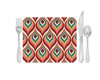 Retro Placemat Set – Abstract Vintage 1970s 60s Mod Design Hand Printed on MDF Wood
