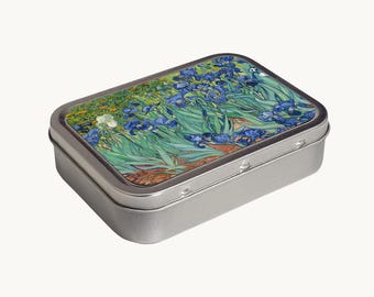 Van Gogh Irises Tobacco Tin, Vintage Print Metal Storage Tin, Trinket Box, Floral Art Gift