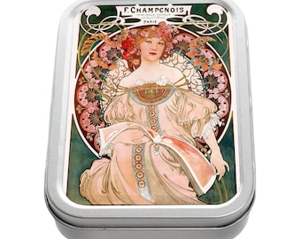 Alphonse Mucha Art Nouveau Tin: Silver Aluminium Storage Box