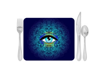 Blue Mystical Eye Placemat & Coaster Set: Mandala Design