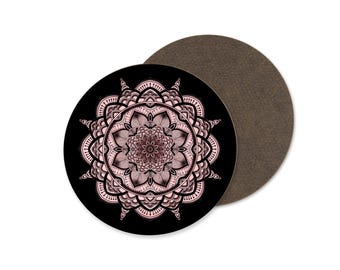 Pink & Black Mandala Coaster Set: Bohemian Hardwood Coasters