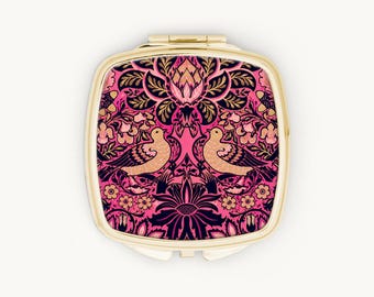 Pink Bird Compact Mirror, William Morris Inspired Floral Folk Art Pocket Mirror