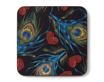 Peacock Feather Coaster Set: Art Deco Style, Glossy Finish