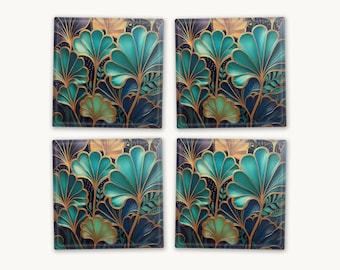 Art Deco Coasters, Green Gold Luxury Art Nouveau Home Accessories, Glass or MDF, Round or Square