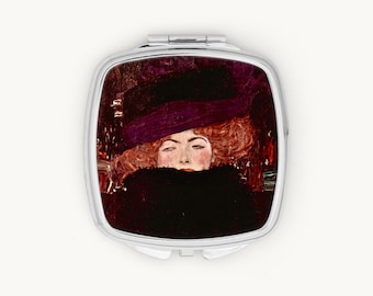 Gustav Klimt Compact Mirror: Lady with Hat and Feather Boa, Art Nouveau pocket Mirror,  Fine Art Gifts