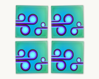 Mid Century Modern Coasters: Retro Geometric Drinks Mat in Green Abstract, Round or Square, Glass or MDF