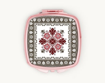 Folk Art Compact Mirror, Boho Floral Pocket Mirror, Vintage Style Handbag Accessories