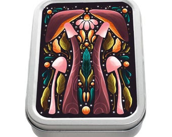 Mushroom Design Tobacco Tin: Hand-Printed Psychedelic Stash Box