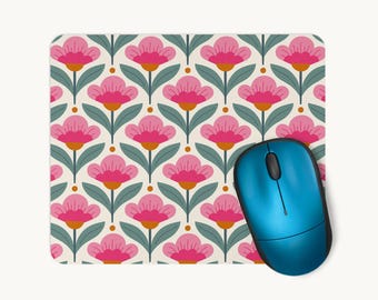 Pink Floral Mouse Mat, Retro Scandi Flower Mouse Pad, Colourful Desk Accessory